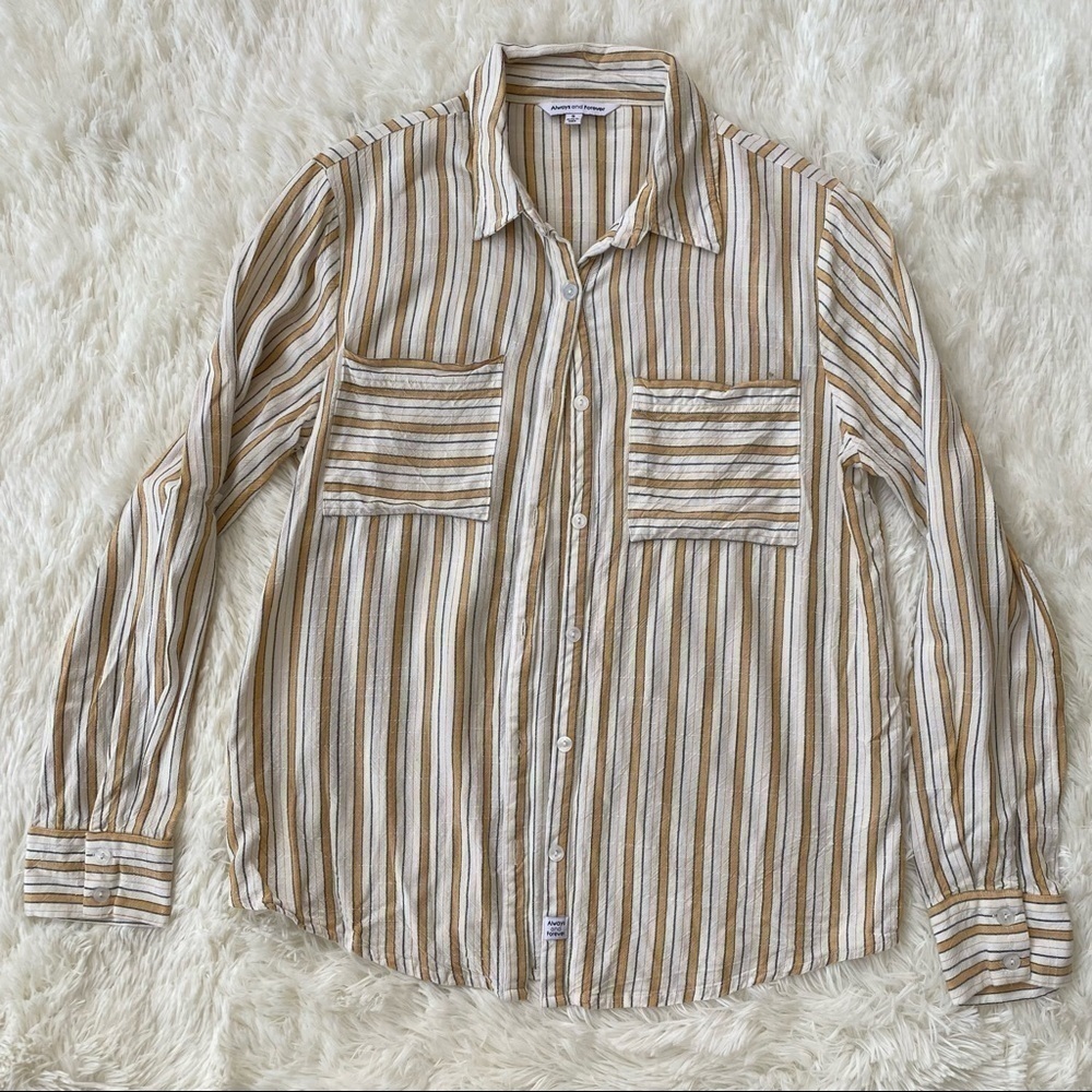 Always And Forever Striped Button Up Blouse | White & Yellow | Small